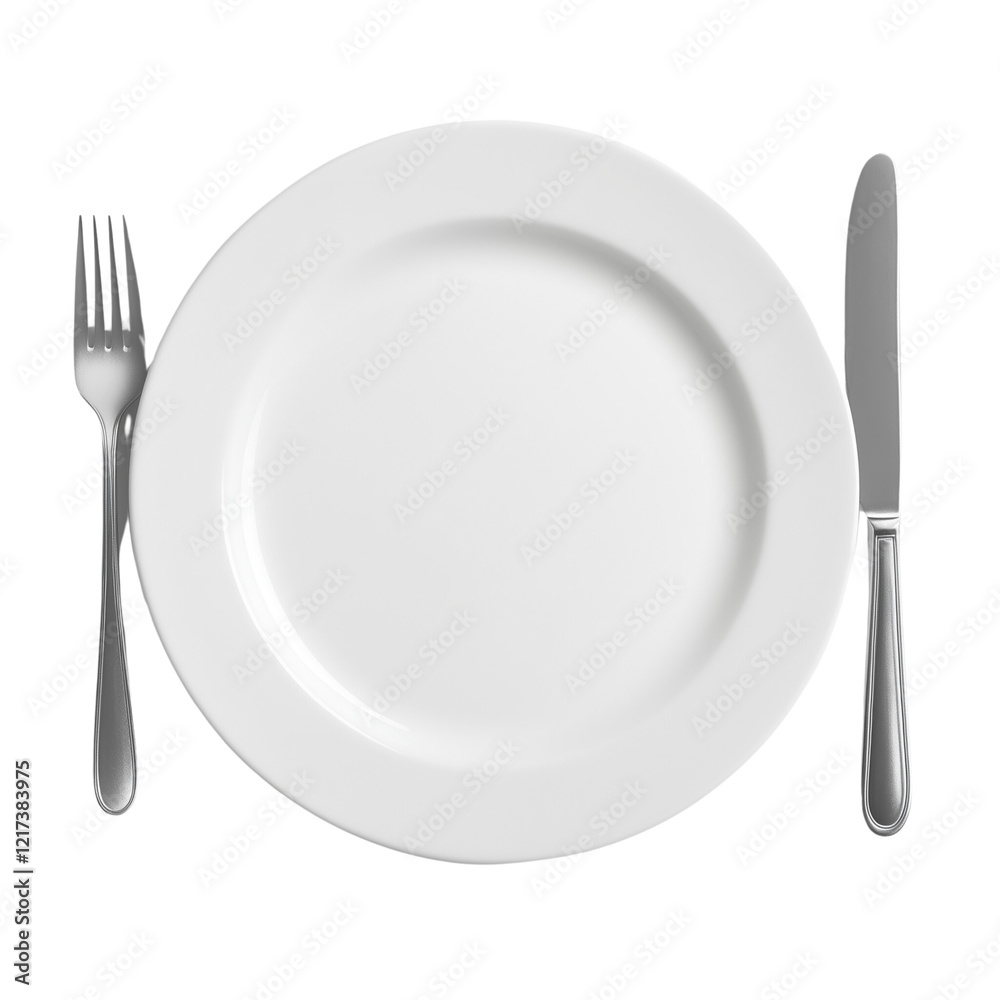 Top view of an empty white plate with a fork and knife positioned symmetrically on either side, isolated on a white background (4) Top view of an empty white plate with a fork and knife positioned symmetrically on either side, isolated on a white background (4)