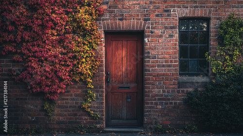 Charming red door surrounded by vibrant leaves in a quiet brick wall setting