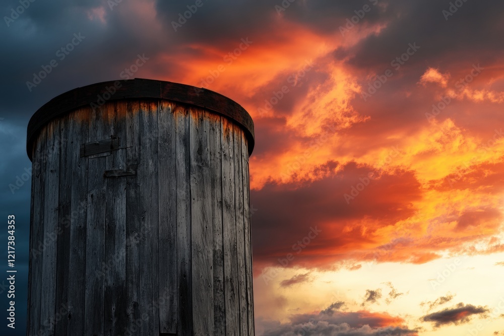 A weathered wooden silo standing tall against a vibrant sunset. A weathered wooden silo standing tall against a vibrant sunset.