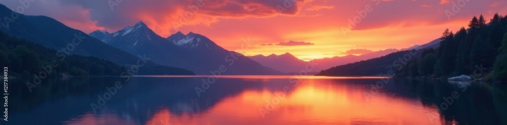 Fototapeta premium Fiery orange hues spread across a serene mountain lake at dusk, reflection, landscape