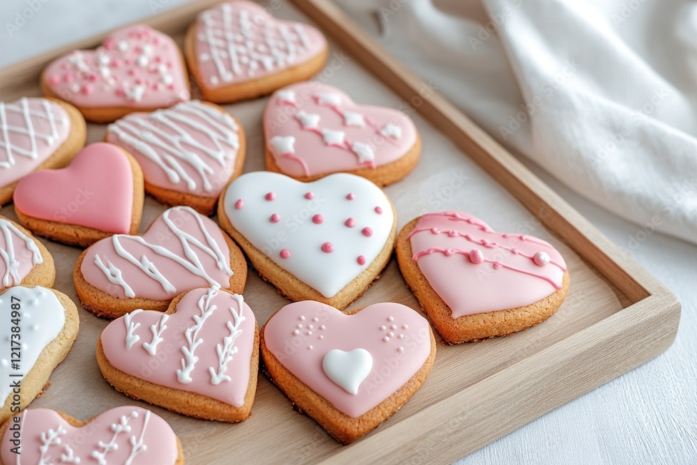 Delightful heart-shaped cookies in pink, white, and red icing patterns are beautifully arranged on a wooden tray against a light pastel background, perfect for celebrations Delightful heart-shaped cookies in pink, white, and red icing patterns are beautifully arranged on a wooden tray against a light pastel background, perfect for celebrations