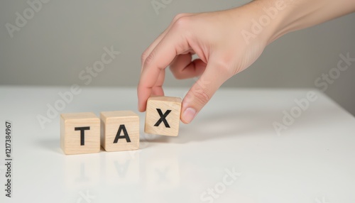 Hand placing wooden blocks spelling out tax on a white table