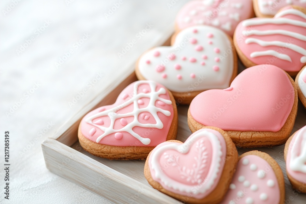 Delight in a collection of heart-shaped cookies adorned with vibrant pink, white, and red icing patterns on a rustic wooden tray, set against a soft pastel backdrop perfect for sharing Delight in a collection of heart-shaped cookies adorned with vibrant pink, white, and red icing patterns on a rustic wooden tray, set against a soft pastel backdrop perfect for sharing