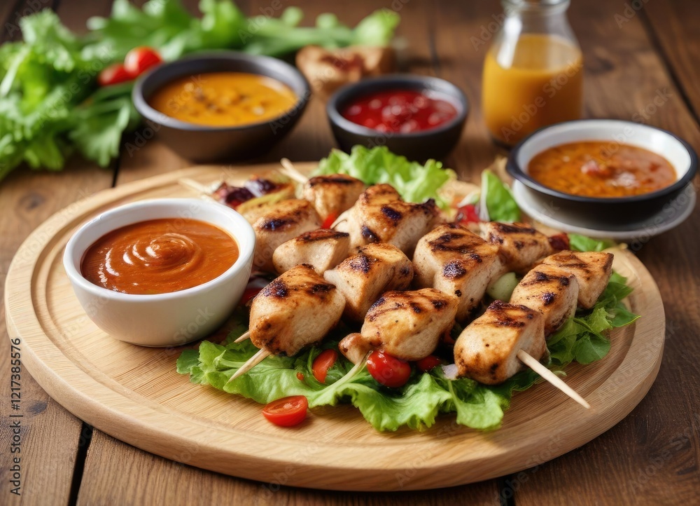 Grilled chicken skewer on a wooden plate with a side of salad bread and dipping sauces, natural light, meal Grilled chicken skewer on a wooden plate with a side of salad bread and dipping sauces, natural light, meal