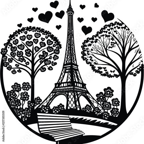 Paris Eiffel Tower Scene
A romantic line art of the Eiffel Tower with surrounding trees, a park bench, and hearts in the background. Adobe Illustrator Artwork