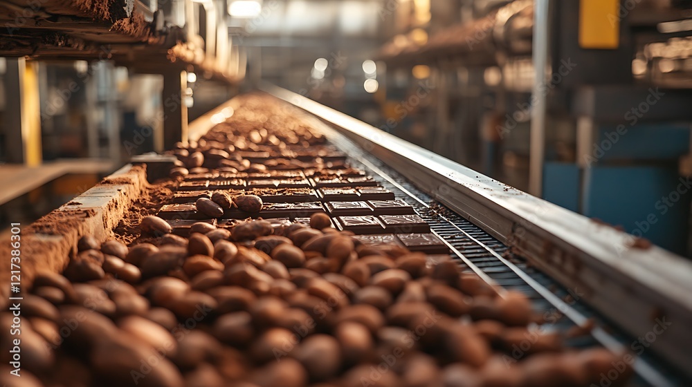 Chocolate bars and cocoa beans on conveyor belt in factory. Chocolate bars and cocoa beans on conveyor belt in factory.