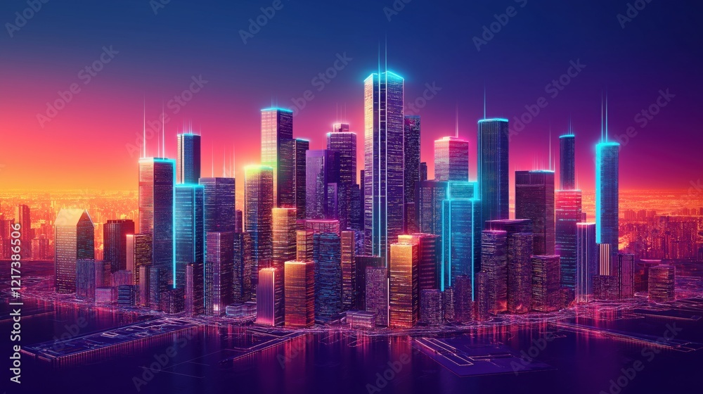 Fototapeta premium A city skyline with neon lights and a sunset in the background