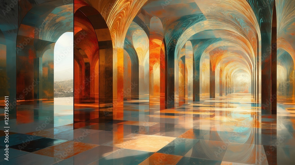Fototapeta premium A long hallway with arched doorways and a blue and orange color scheme