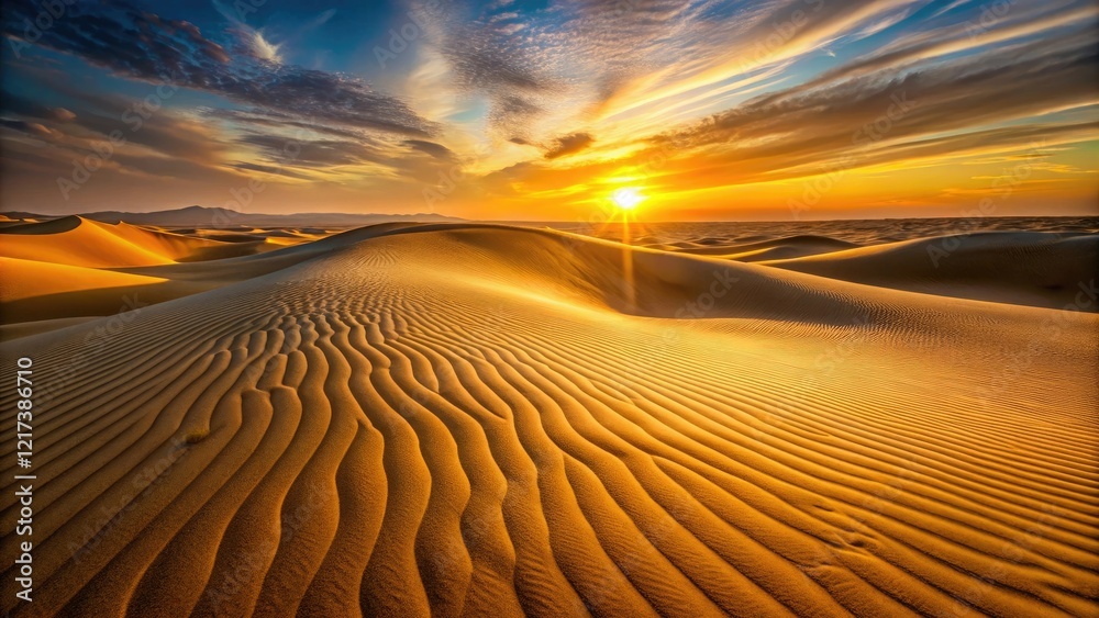 Naklejka premium Golden hues of sunset cast a warm glow on the undulating dunes of golden sand, warm, landscape, dune, horizon