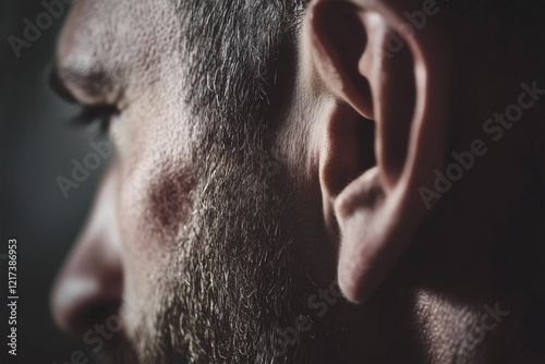 Close-Up of a Human Male Ear – Detailed Auricle Anatomy, Auditory Organ Macro Photo photo