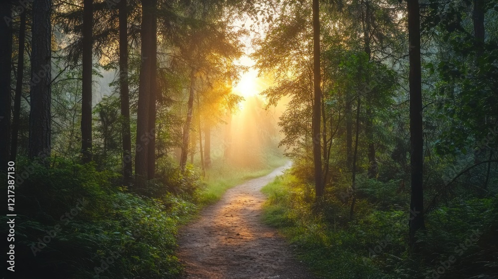 Obraz premium Sunlit path through misty forest at dawn.