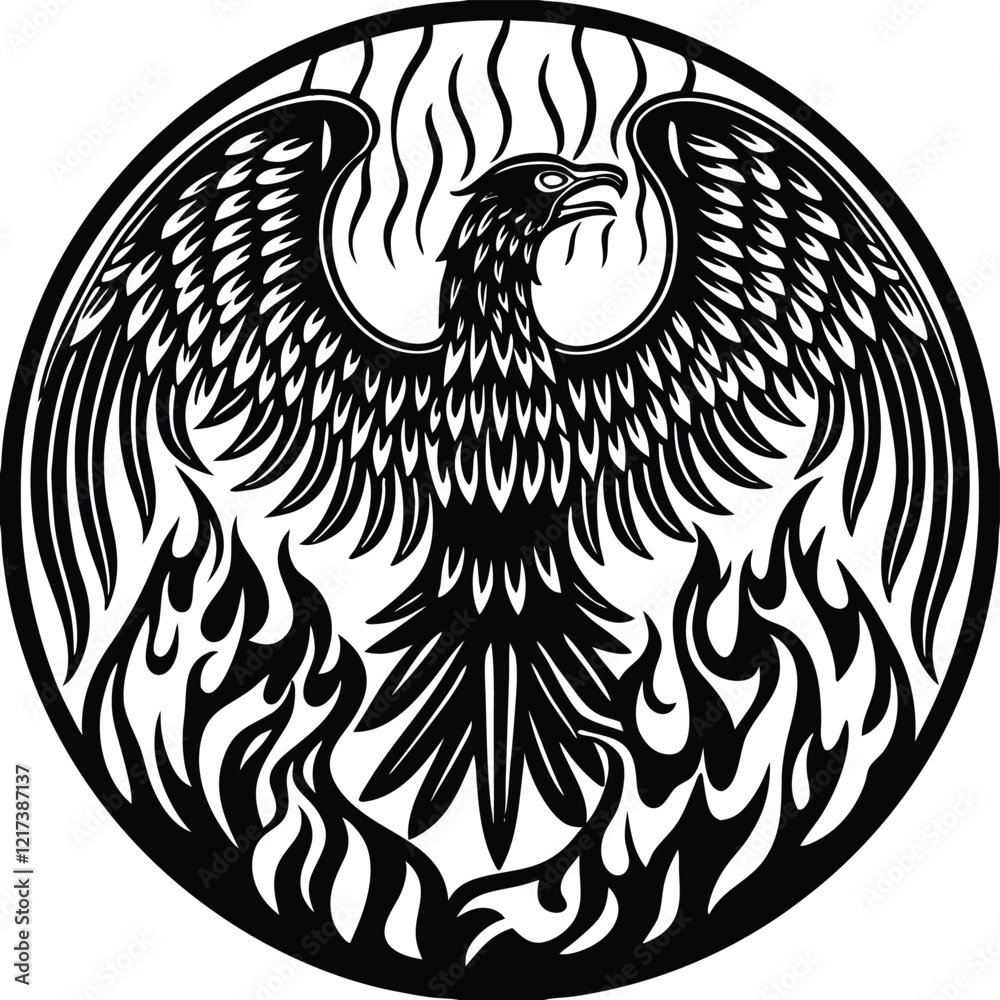 Fototapeta premium Mythical Phoenix A magnificent phoenix rising from flames, drawn in intricate line art with detailed feathers and fire. Adobe Illustrator Artwork