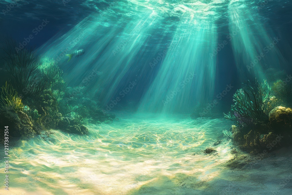 Fototapeta premium Underwater world with sunlit ocean floor