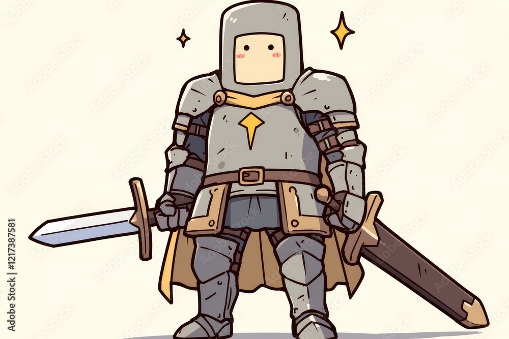 Obraz premium Adorable Boxy Knight Holds a Sword Proudly