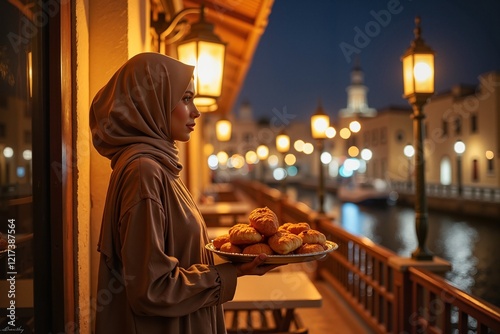 Middle Eastern Muslim girl in a modest abaya and hijab, offering a tray of traditional pastries by a lit window, celebrating Ramadan traditions. photo