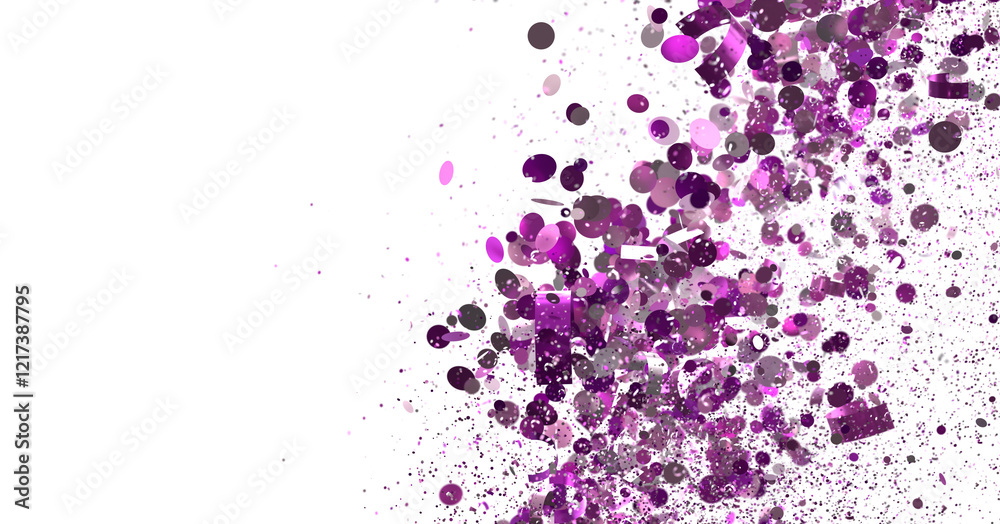 Fototapeta premium Festive purple confetti bursts across a white backdrop. Ideal for celebrations, parties, and design projects.