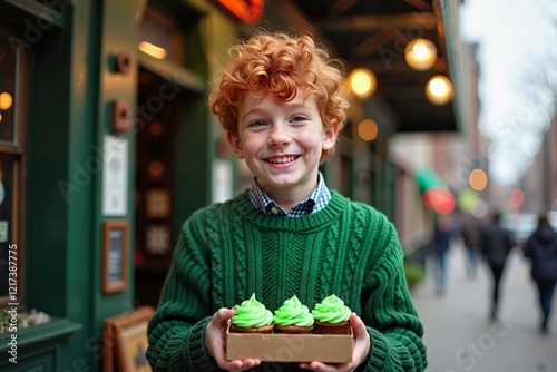 Cheerful Irish boy with curly red hair offering green-frosted cupcakes outside an Irish pub, celebration of proud heritage. photo