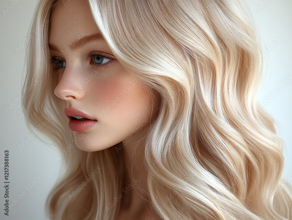 A close-up profile of a person with long, wavy blonde hair. A close-up profile of a person with long, wavy blonde hair.