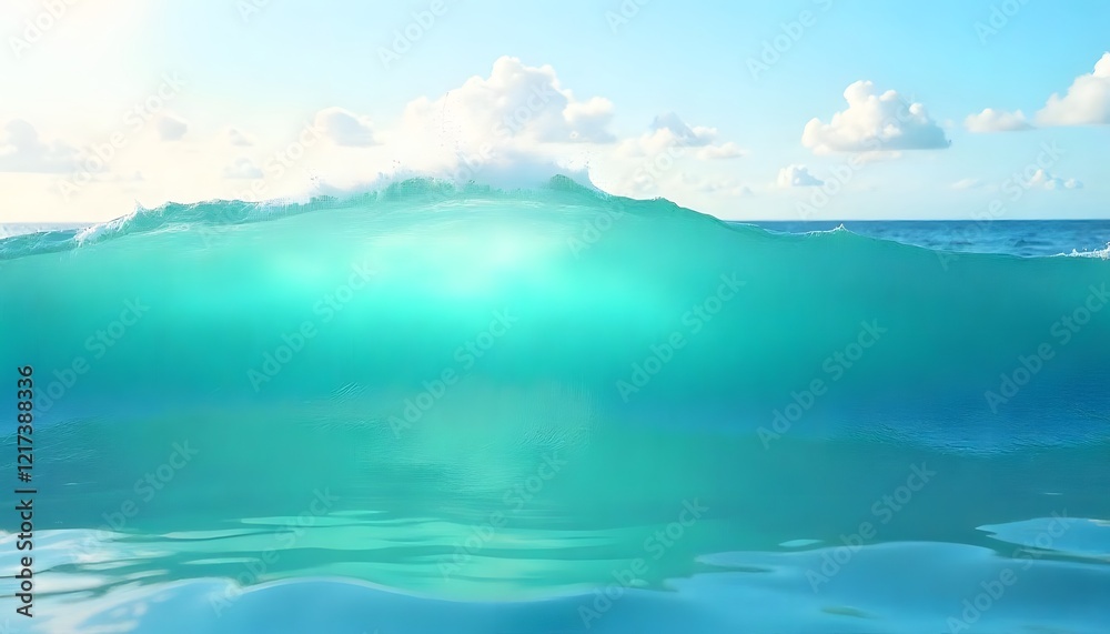 Fototapeta premium Turquoise ocean wave under blue sky with fluffy white clouds on a sunny day