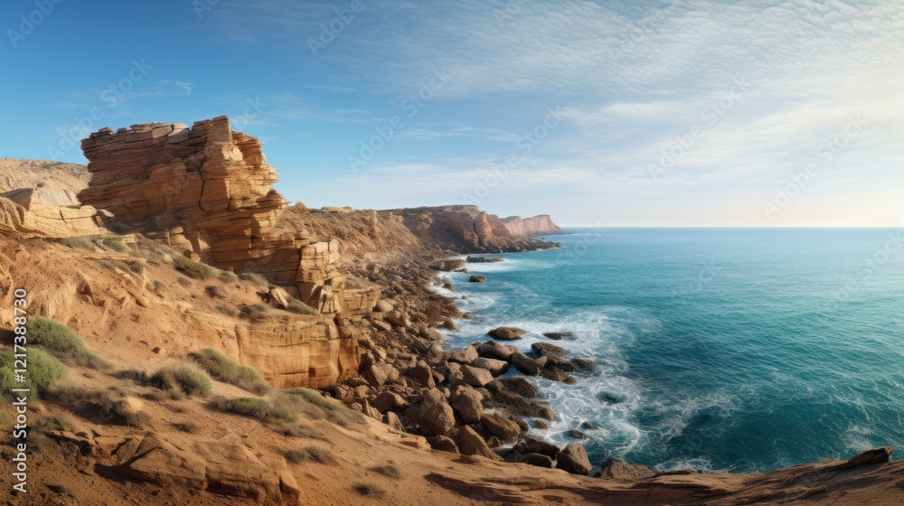 Coastal Landscape Featuring Dramatic Rock Formations and Tranquil Blue Waters under a Clear Sky with Gentle Waves Crashing on the Shoreline Coastal Landscape Featuring Dramatic Rock Formations and Tranquil Blue Waters under a Clear Sky with Gentle Waves Crashing on the Shoreline