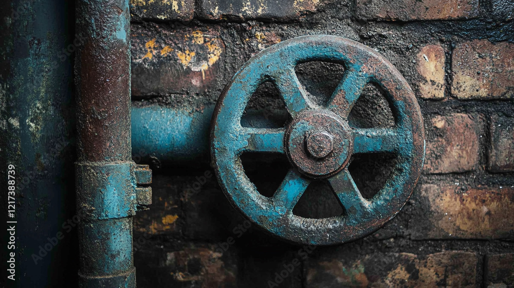 Industrial valve wheel mounted on a weathered brick wall in a vintage setting Industrial valve wheel mounted on a weathered brick wall in a vintage setting