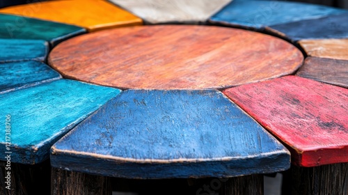 Colorful wooden table top with circular design and vibrant painted segments