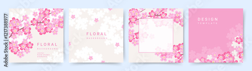 Spring backgrounds set with pink flowers. Cherry blossom branch. Vector illustration in flat style for social media post, cover, card, invitation, banner, advertising, design