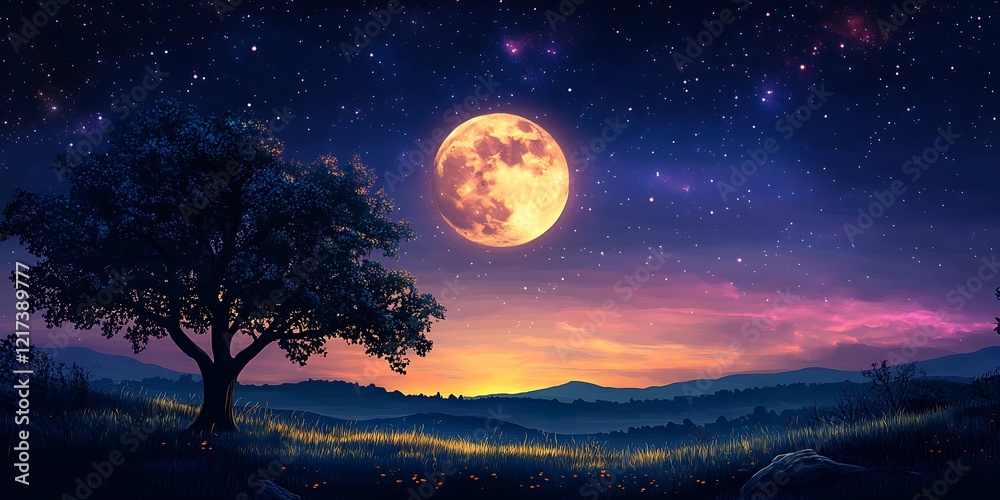 Naklejka premium Moonlight Meadow, Tree Silhouette, Night Landscape