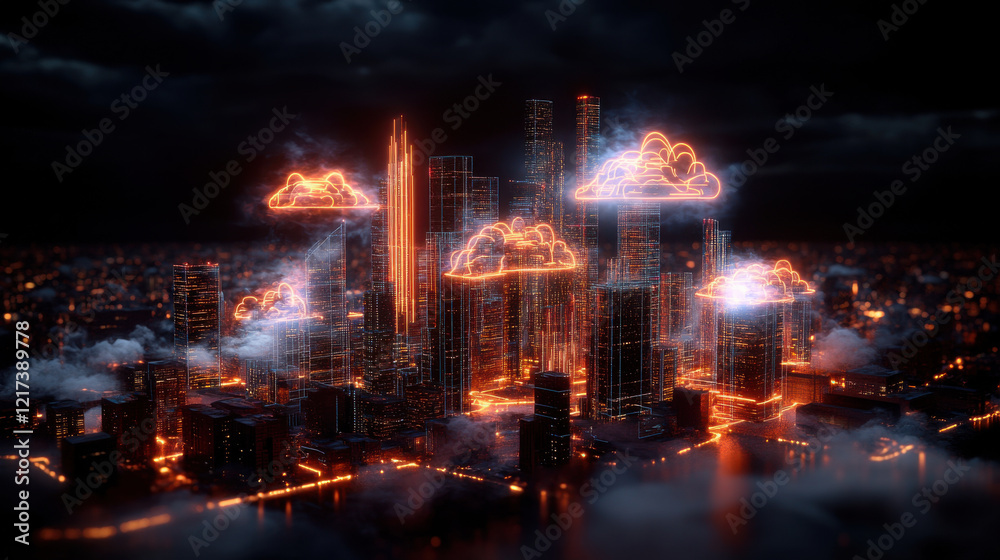 surreal cityscape featuring transparent skyscrapers and glowing clouds, illuminated by vibrant orange lights, creates captivating and dreamlike atmosphere surreal cityscape featuring transparent skyscrapers and glowing clouds, illuminated by vibrant orange lights, creates captivating and dreamlike atmosphere