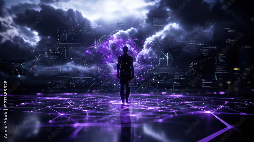 Naklejka premium surreal image of human figure merging into glowing digital landscape, surrounded by abstract data and vibrant colors, evoking sense of wonder and exploration