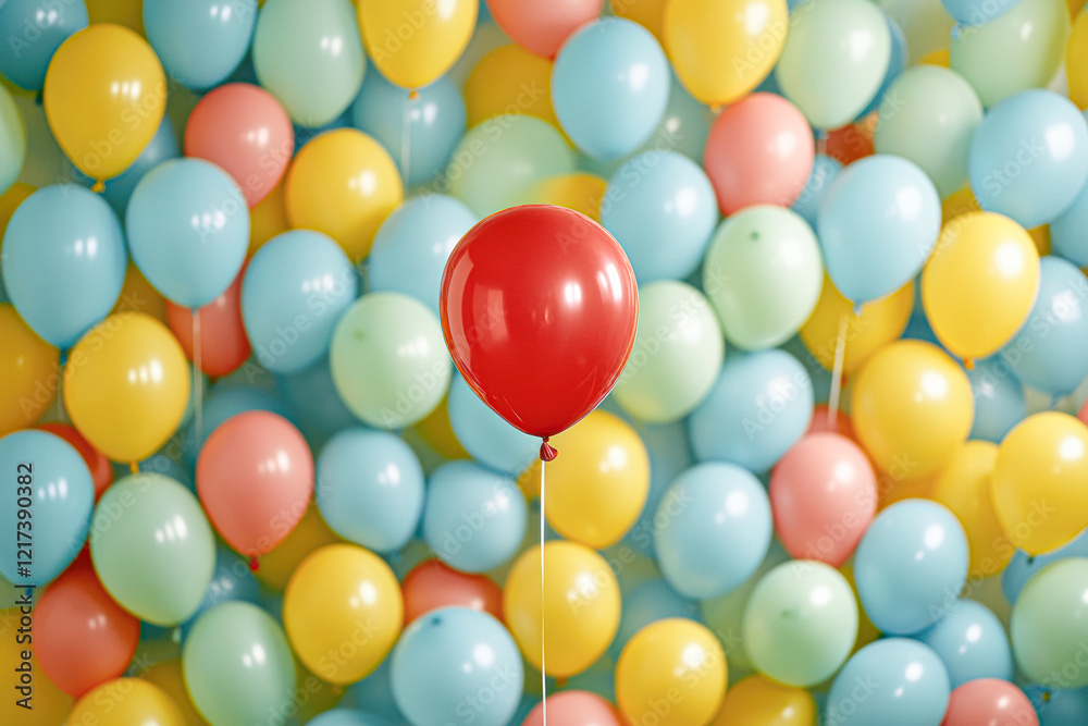A red balloon is the only one in a bunch of balloons A red balloon is the only one in a bunch of balloons