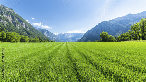 stunning landscape featuring lush green fields and majestic mountains under clear blue sky, evoking sense of tranquility and natural beauty