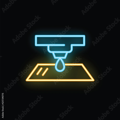 Neon icon of a 3d printer extruder depositing filament on a surface, glowing in blue and yellow against a black background