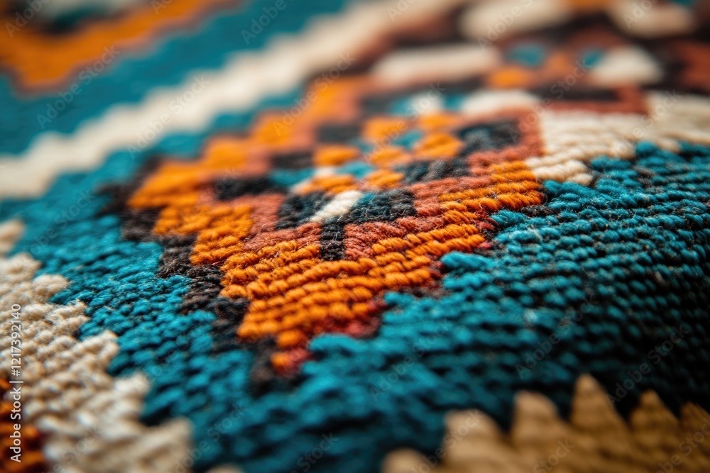 Close-up view of richly textured fabric with vibrant teal, orange, and cream patterns. Close-up view of richly textured fabric with vibrant teal, orange, and cream patterns.