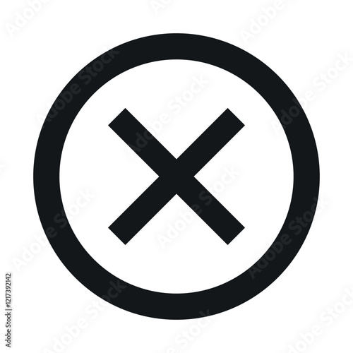 Black and white icon, minimalist design, circular shape, bold X symbol, graphic element, negative space, simple geometry, stark contrast, universal symbol, cancel or close button, clean lines icons