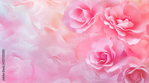 Pink roses bloom against a soft pastel backdrop, creating a tranquil and beautiful scene