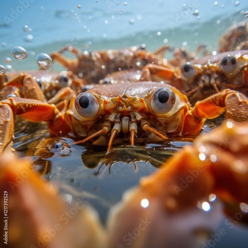 Close-Up of Crabs in Shallow Water Under Bright Sunlight, Capturing Their Unique Features and Behavior in a Marine Environment photo