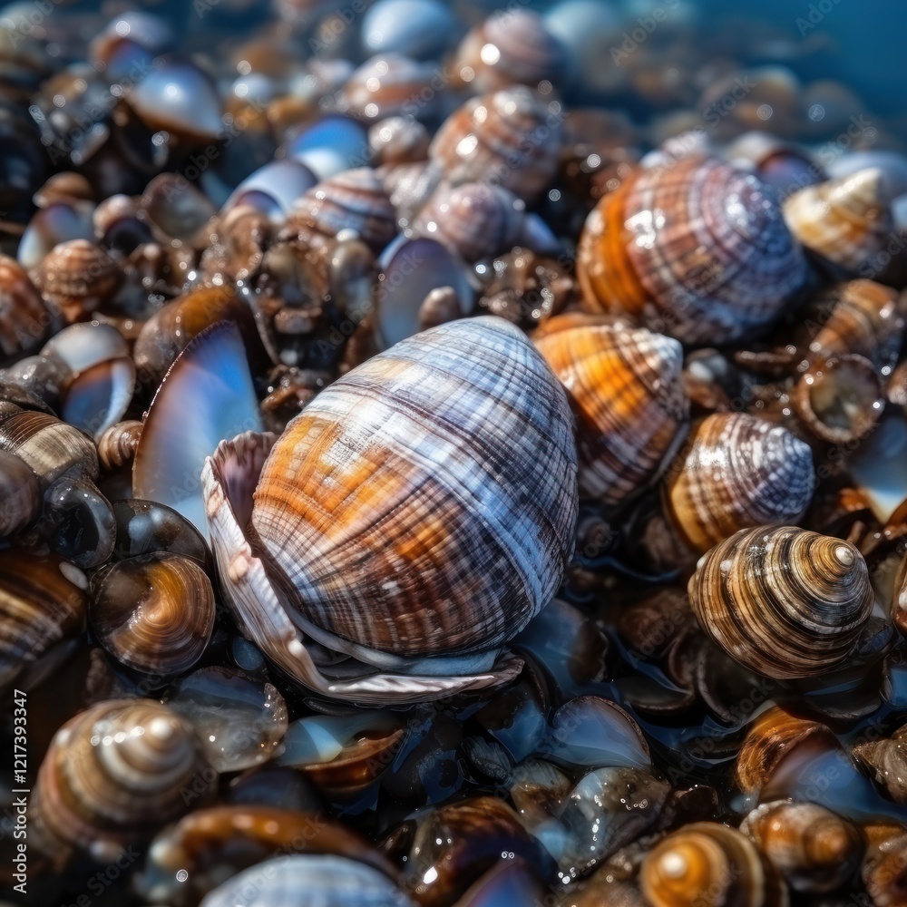 Seashells on a Sandy Beach with Glimmering Water Reflections, Showcasing Nature's Marine Treasures in a Vibrant Coastal Setting Seashells on a Sandy Beach with Glimmering Water Reflections, Showcasing Nature's Marine Treasures in a Vibrant Coastal Setting