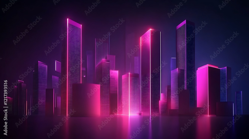 Fototapeta premium A futuristic cityscape with glowing pink and purple skyscrapers reflecting in a dark environment.