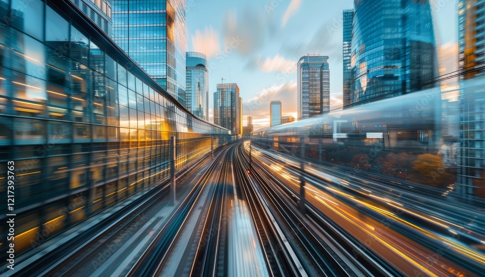 Fototapeta premium A vibrant cityscape featuring modern skyscrapers, dynamic train tracks, and a stunning sunset, creating a sense of motion and urban energy.