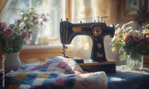Vintage sewing machine, floral scene, sunlit room, quilting