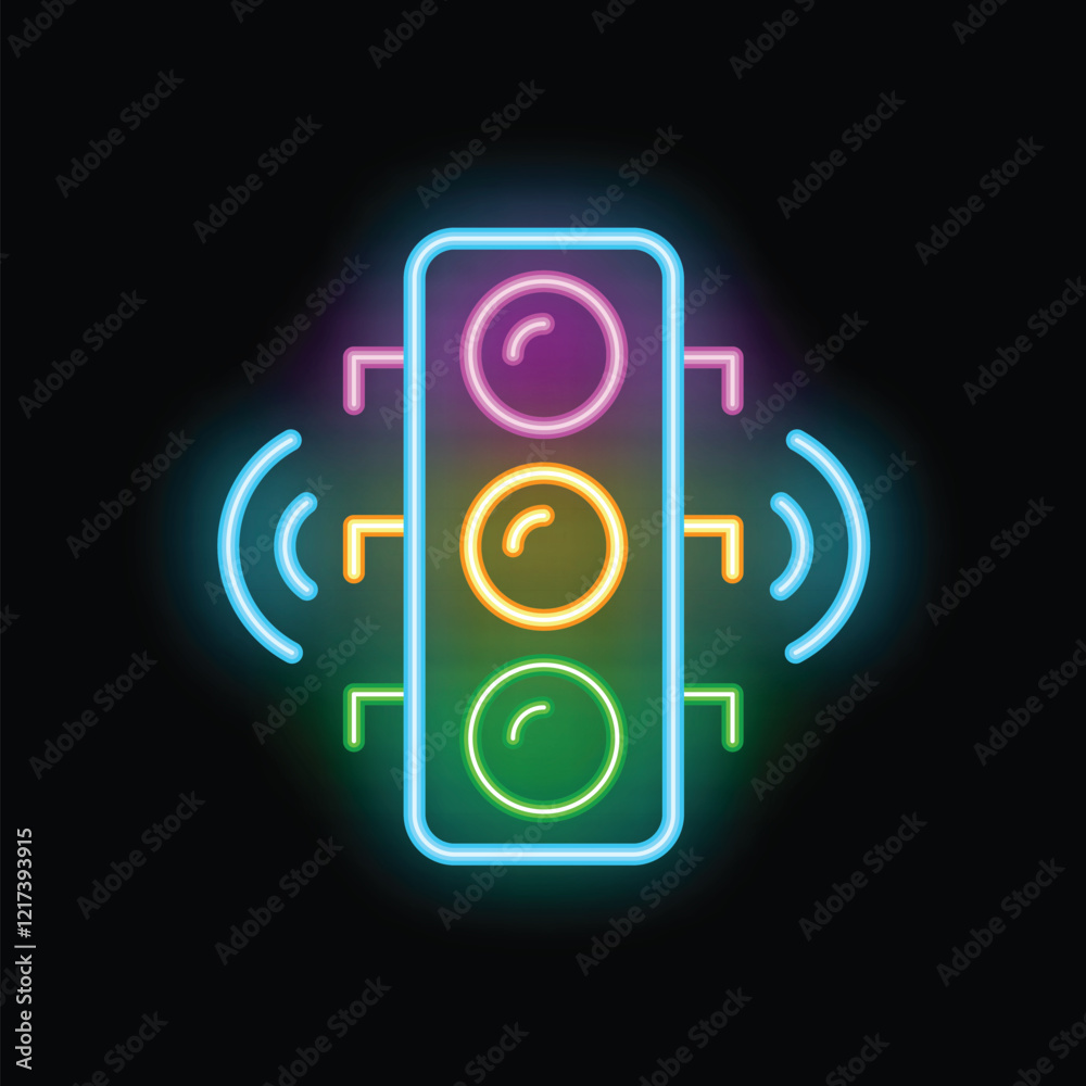 Colorful neon icon of a smart traffic light sending and receiving data Colorful neon icon of a smart traffic light sending and receiving data