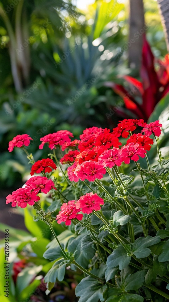 Vibrant red flowers in lush tropical garden Vibrant red flowers in lush tropical garden