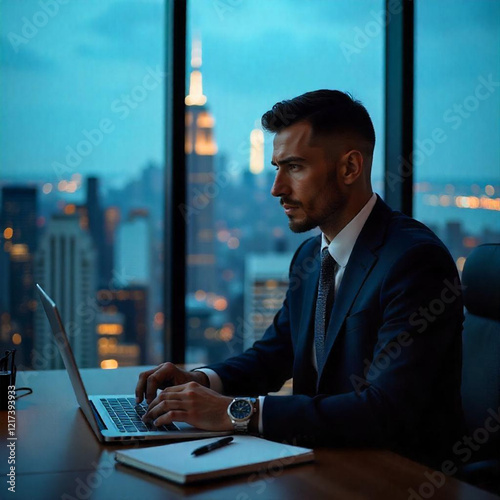 Young businessman working late at night city background