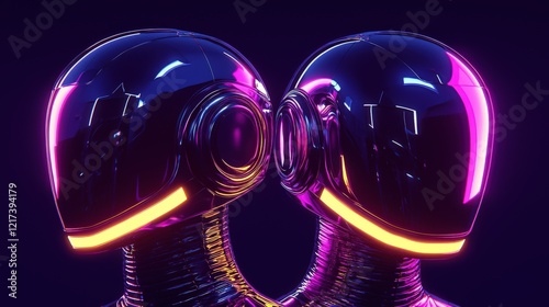 Futuristic Cyberpunk Characters Facing Back to Back with Glossy Helmets and Neon Lights Glowing in a Dark Environment