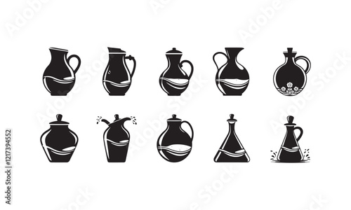 Set of Vector Silhouettes Featuring Decorative Jugs and Pitchers with Unique Designs