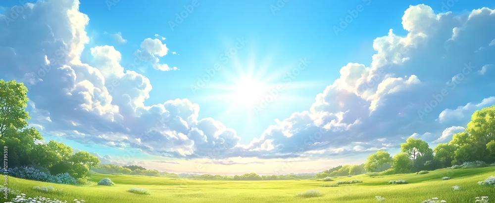 Blue sky with white clouds, a clear and sunny day, a panoramic view.