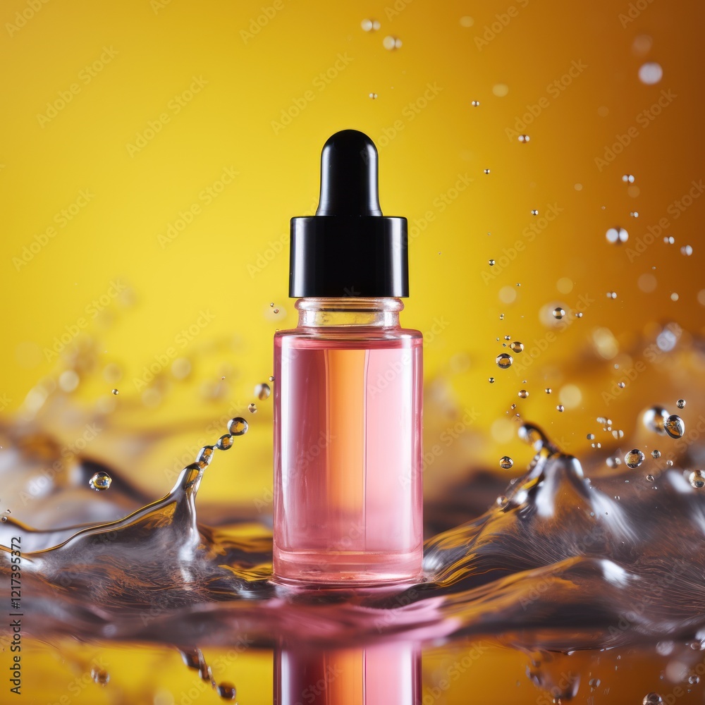Dropper Bottle Surrounded by Splashes of Water, Showcasing a Pink Liquid with a Vibrant Background, Ideal for Beauty and Cosmetic Product Advertising Dropper Bottle Surrounded by Splashes of Water, Showcasing a Pink Liquid with a Vibrant Background, Ideal for Beauty and Cosmetic Product Advertising