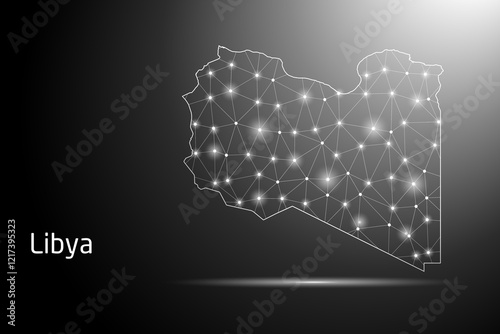 Abstract Mash Line and Point Scales on The Dark Gradient Background With Map of Libya. 3D Mesh Polygonal Network Connections. Vector illustration eps 10.	
