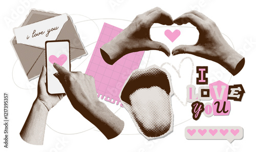 Trendy vintage collage with Retro halftone mouth with tongue and hands with heartd. Valentines day design paper elements. Pop art dotted style. Heart hands. Vintage newspaper parts. Vector.